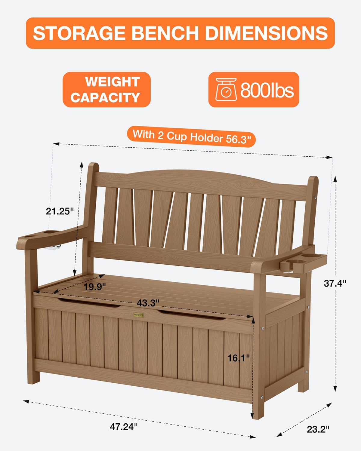 YEFU Outdoor Storage Bench for Patio: Heavy Duty Garden Bench with 96° High Backrest & Oversized