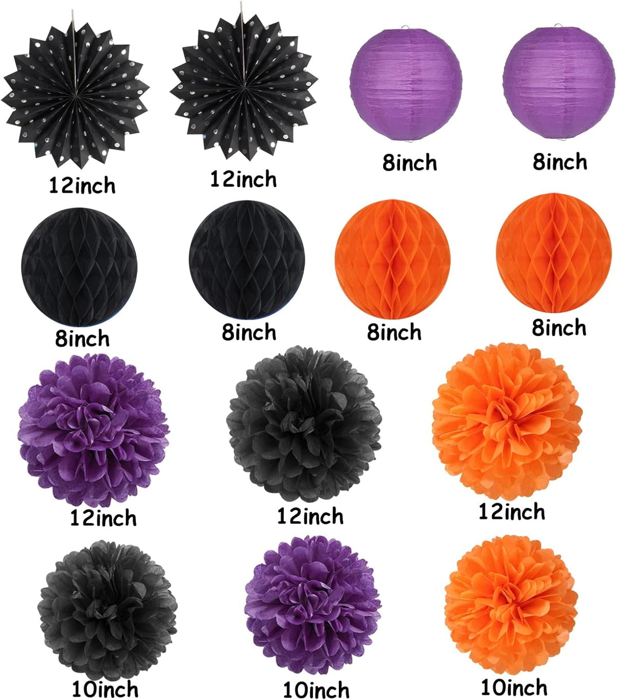 Black Orange Purple Halloween Party-Decorations - 14pcs Kits Paper Lanterns Fan,Tissue Flower Pom