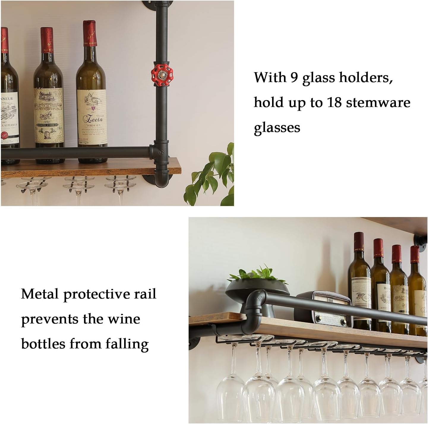 41 Inch Wine Rack Wall Mounted 2 Tier, Hanging Floating Bar Liquor Shelves with Glass Holder