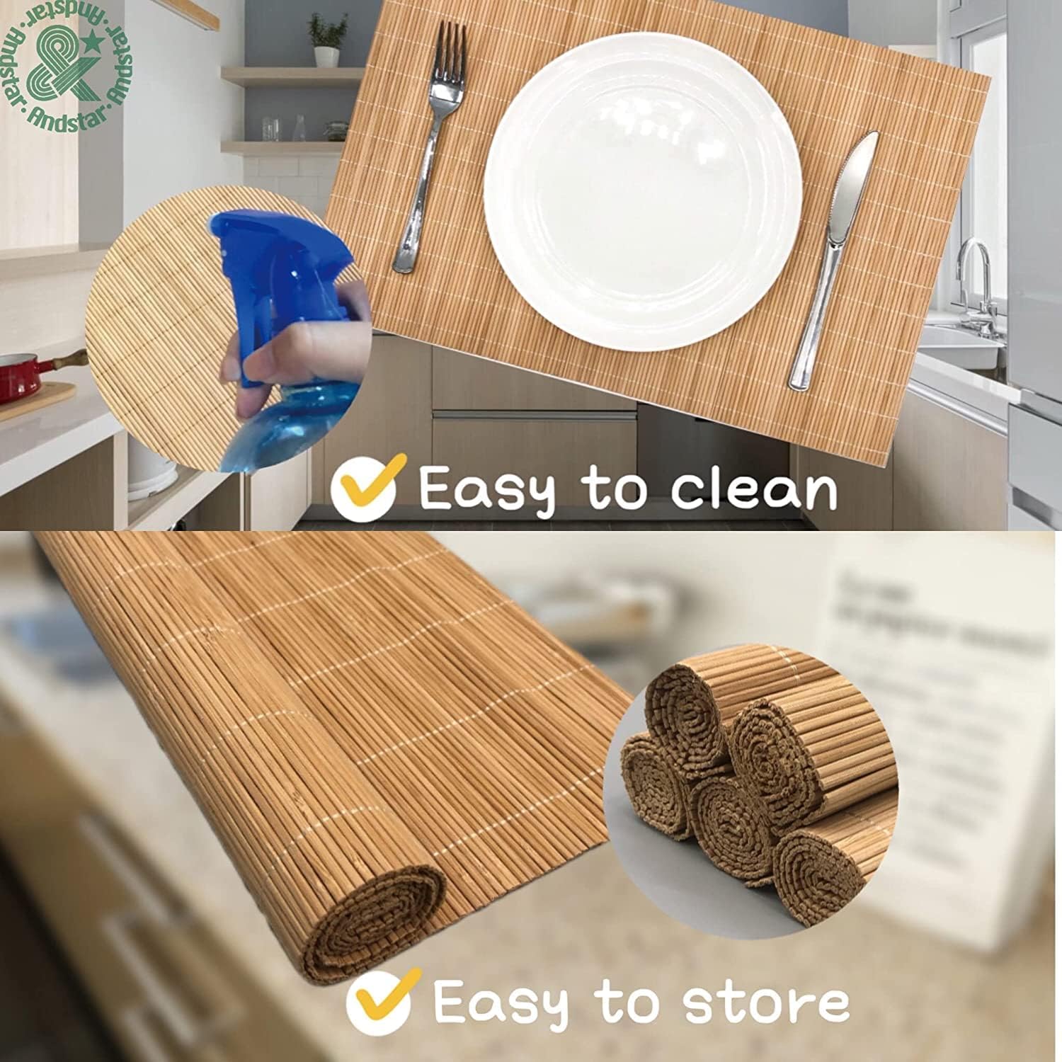 ANDSTAR Set of 12 Pcs Bamboo Placemats - Natural & Brown & Black, Anti-Slip, Heat-Resistant