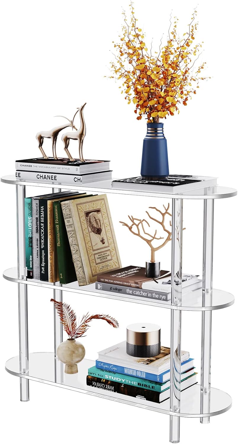 Clear Bookshelf, Acrylic Bookcase with Open Book Shelf Console Table for Entryway Office Living