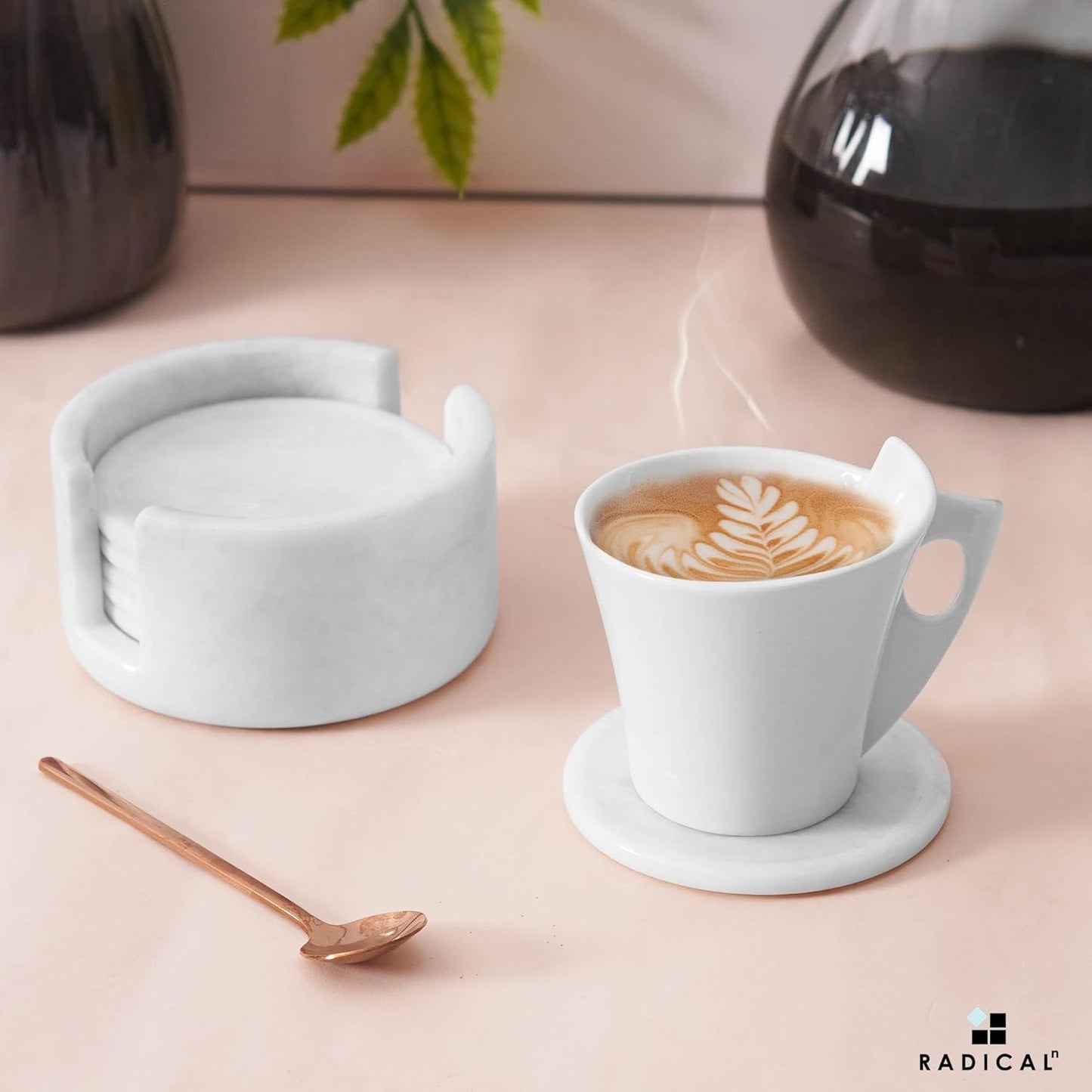 Marble Coasters Set of 6 White 3.5 Inch Round Coaster for Drinks with Holder, Drink Coaster for
