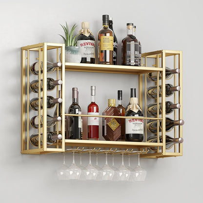 Wall Mounted Wine Rack, Hanging Floating Bar Liquor Shelves with Glass Holder, Metal Bottle Holder