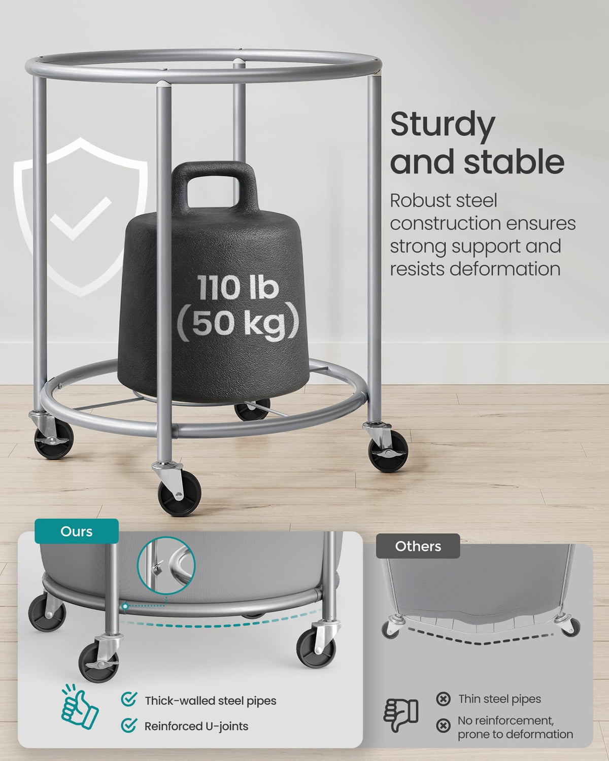 SONGMICS Laundry Basket, Rolling Steel Frame with 2 Locking Wheels, 190 L