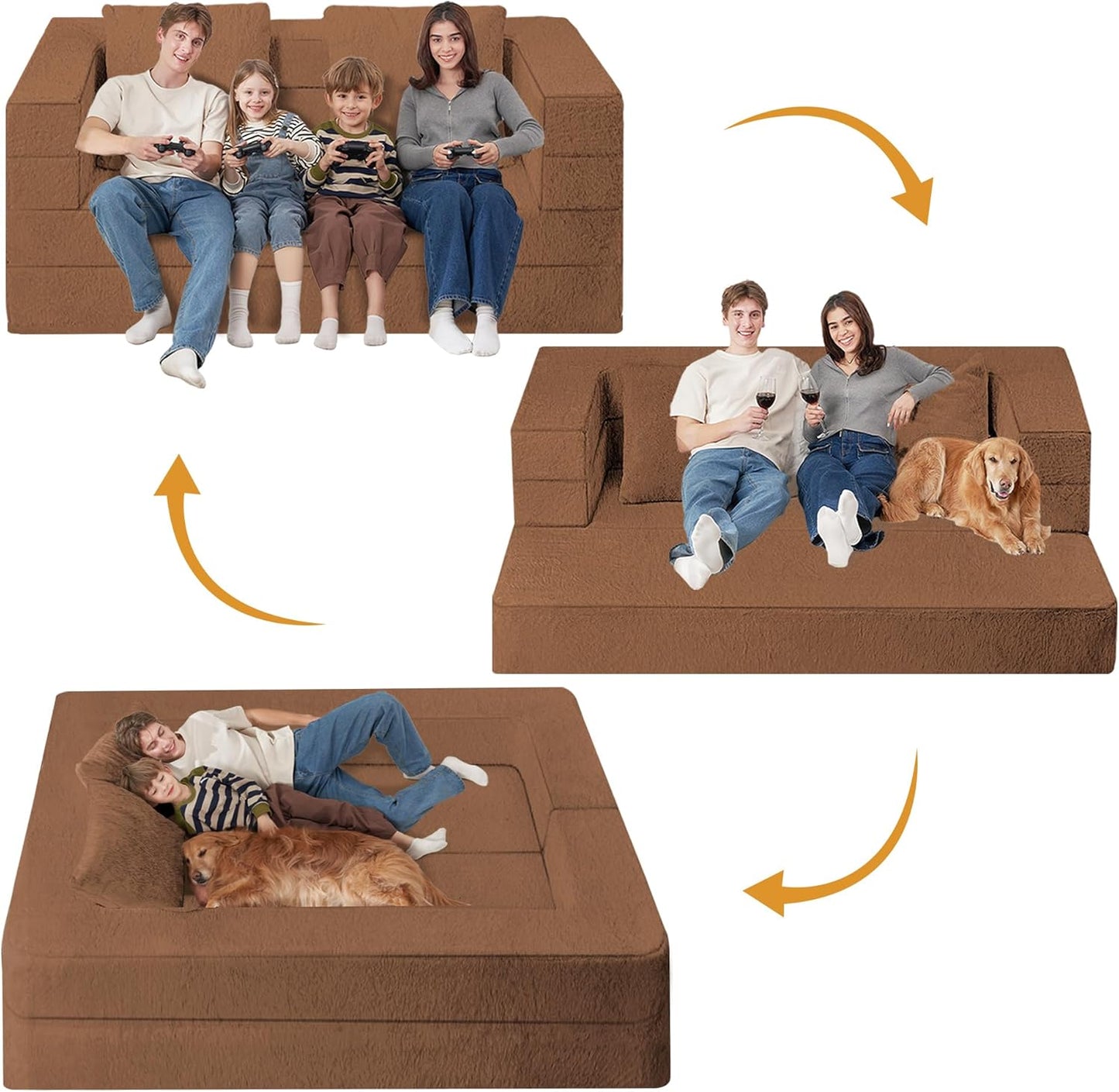 Folding Bean Bag Chair for Adults,3-in-1 Bean Bag Couch Faux Fur Floor Sofa Large Beanbag