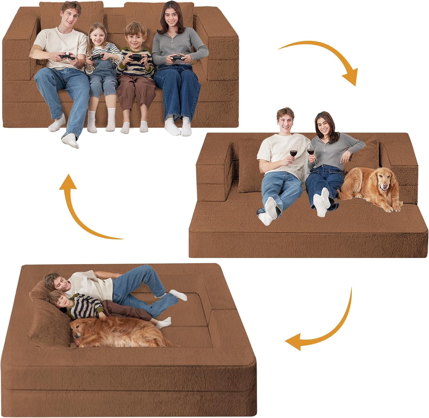 Folding Bean Bag Chair for Adults,3-in-1 Bean Bag Couch Faux Fur Floor Sofa Large Beanbag