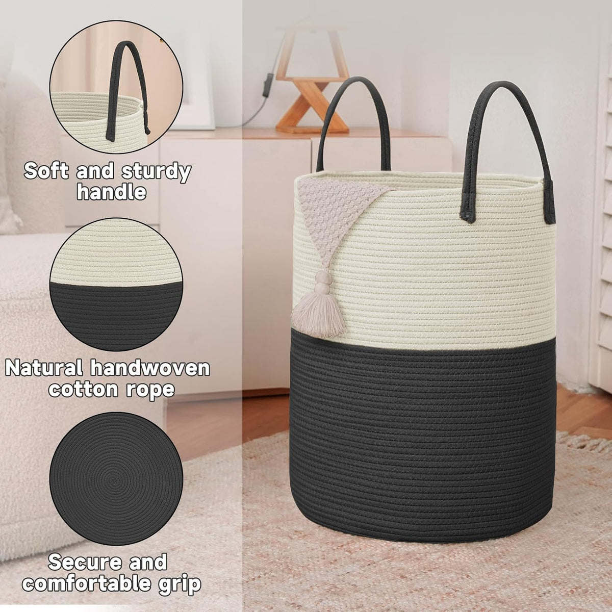 Large Woven Laundry Basket Hamper,60L Cotton Rope Storage Bin for Blankets,Toys and