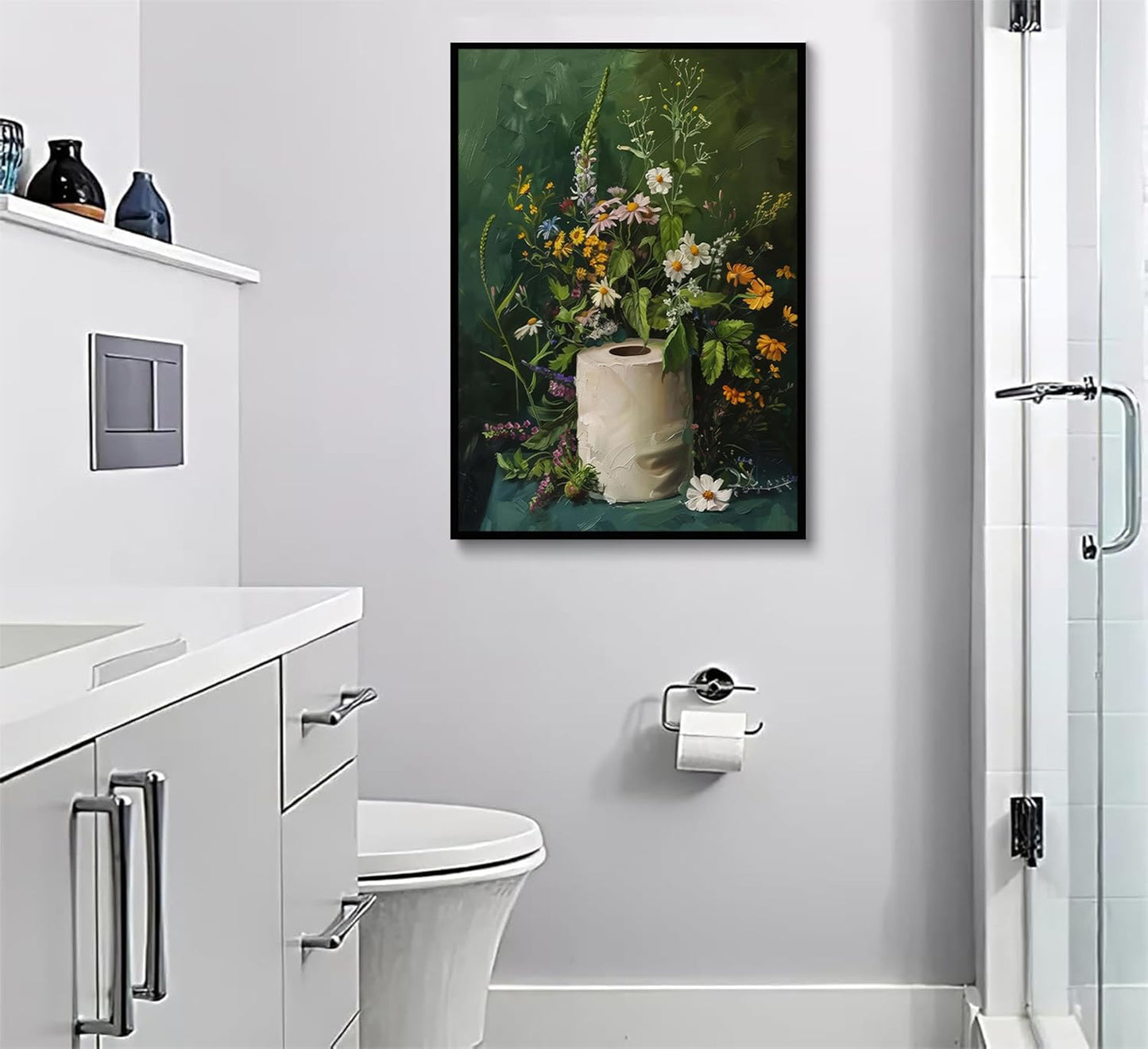 3Pcs Vintage Dark Green Bathroom Wall Art Shower Toilet Paper Roll Floral Poster Print Modern