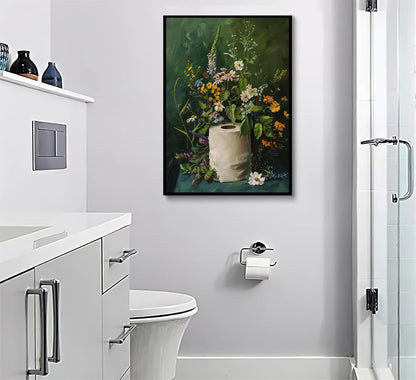 3Pcs Vintage Dark Green Bathroom Wall Art Shower Toilet Paper Roll Floral Poster Print Modern