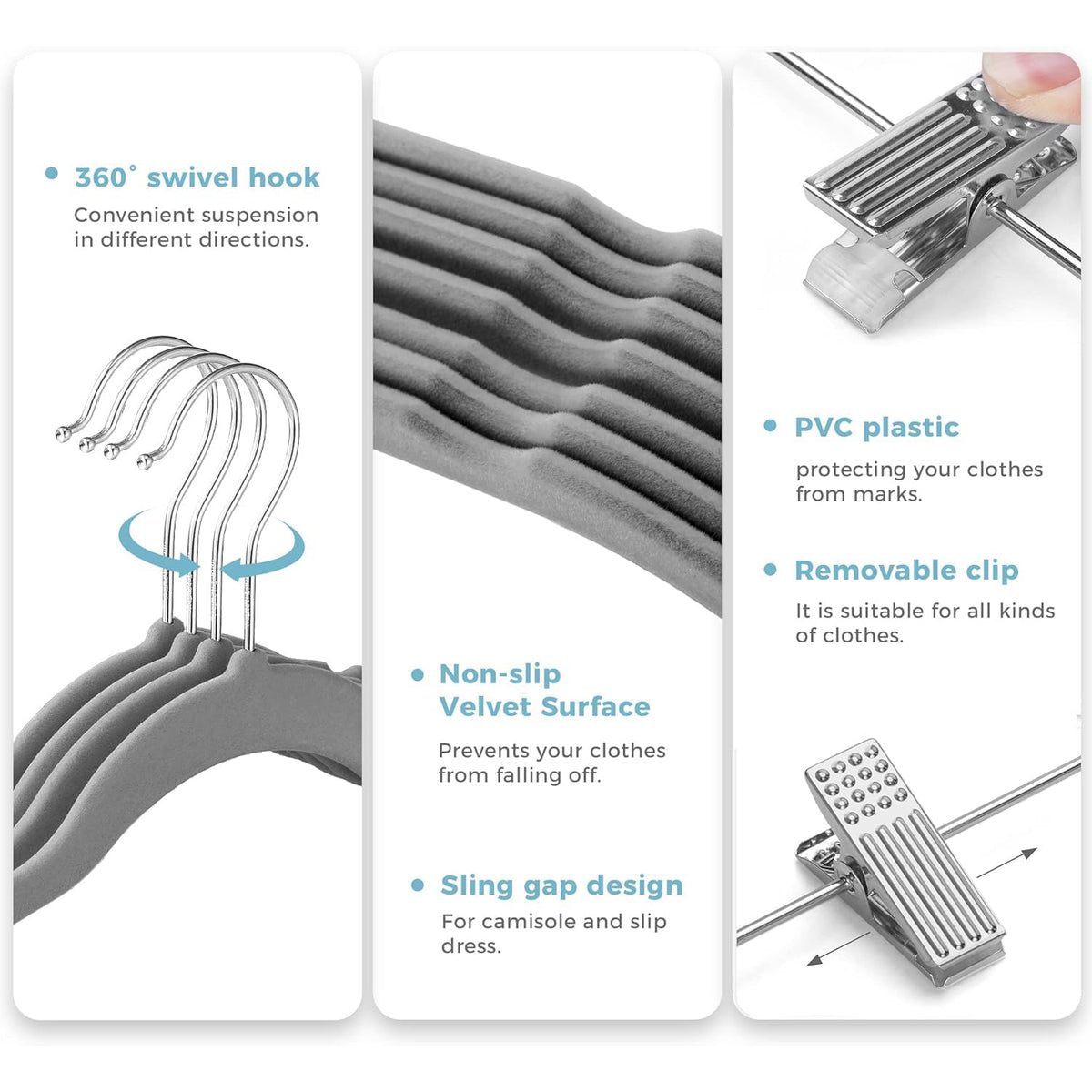 VECELO 20 Pack Velvet Clothes Hangers with Adjustable Clips,Heavy-Duty Non Slip & Space-Saving with