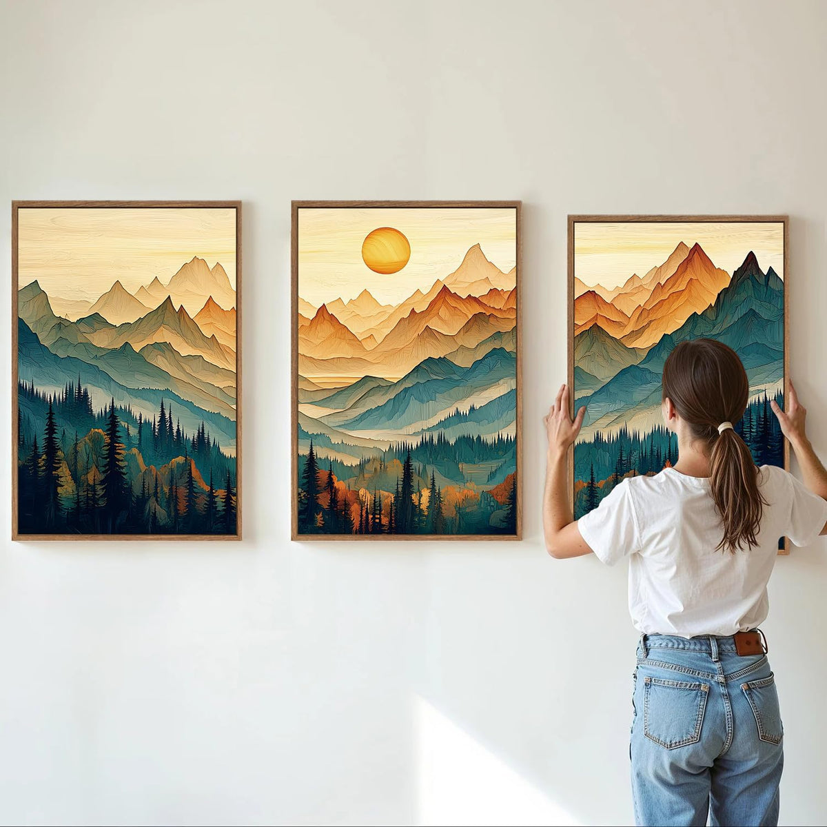 Tinonedraw Large Mountain Framed Canvas Wall Art Set of 3, Boho Nature Forest Wall Decor, Neutral