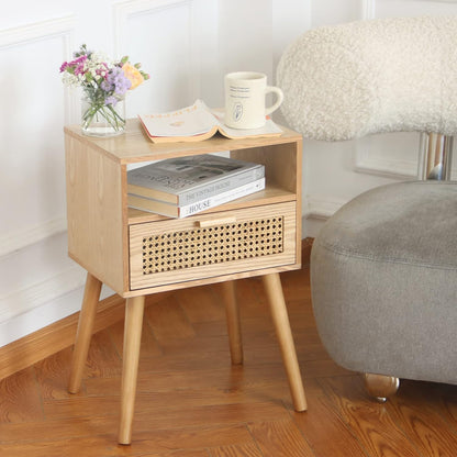 MaxSmeo Modern Nightstand Rattan Side End Table with Storage, for Living Room, Bedroom and Small