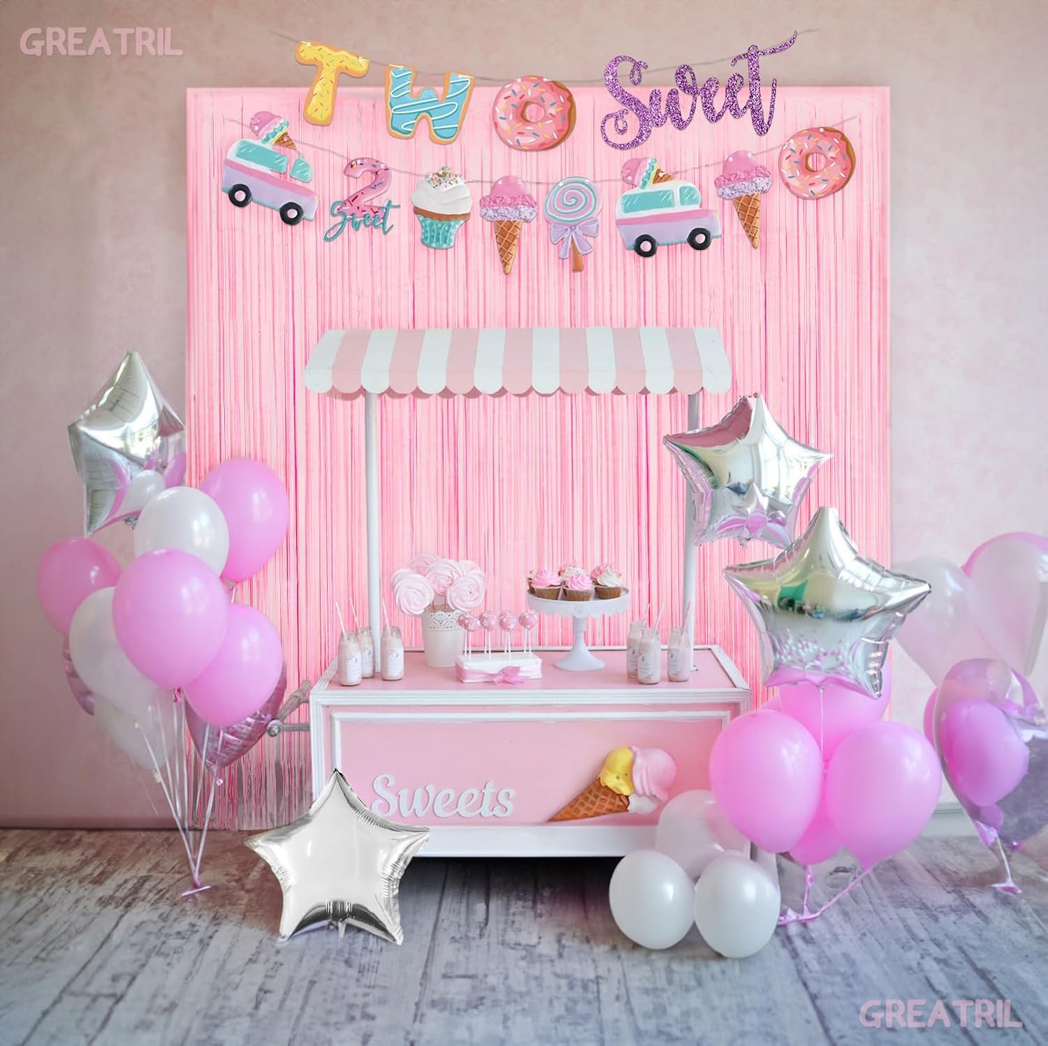 Pastel Pink Party Backdrop Decoration - GREATRIL Baby Pink Foil Fringe Streamers for Baby/Boo