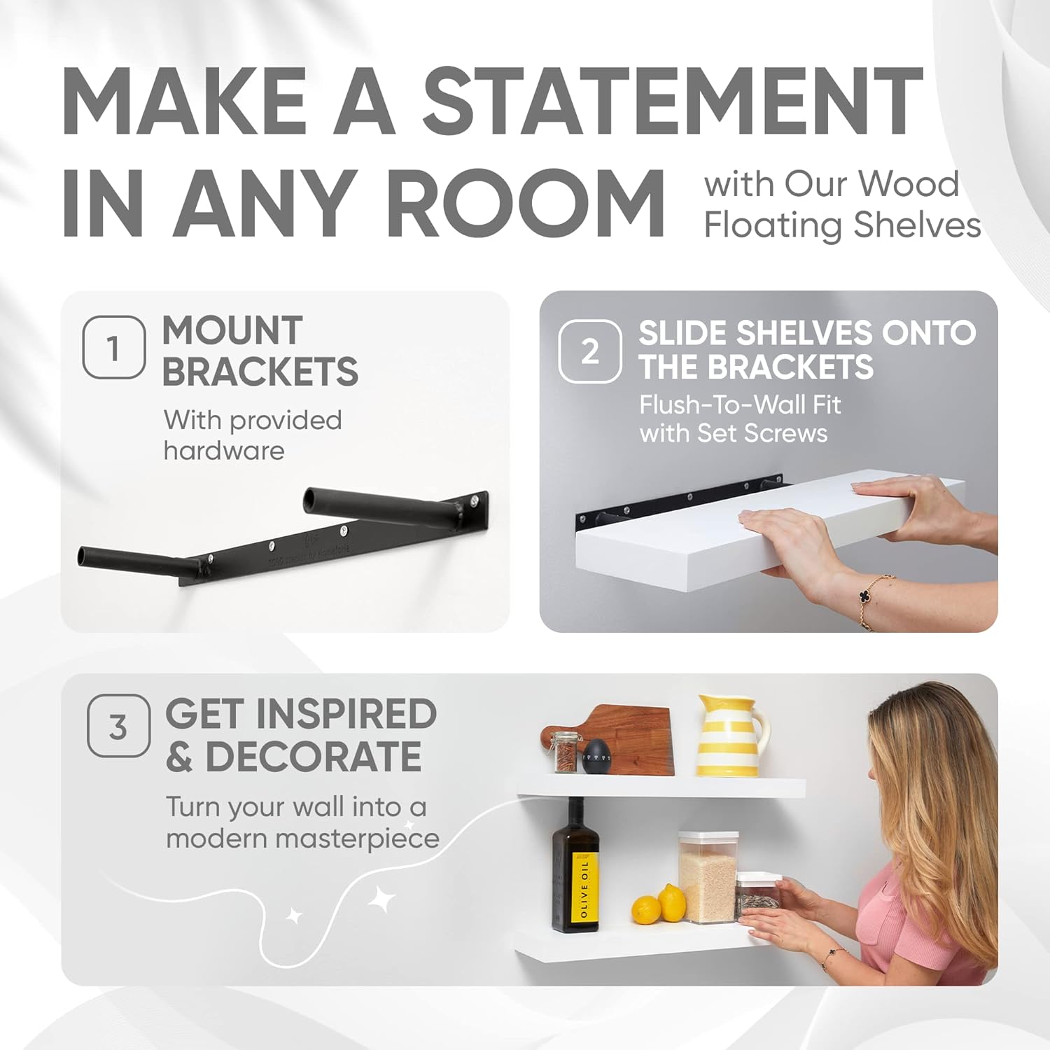 Homeforia White Floating Shelves 24 inch, High End Solid Real Wood 24inch Bathroom Floating Shelf