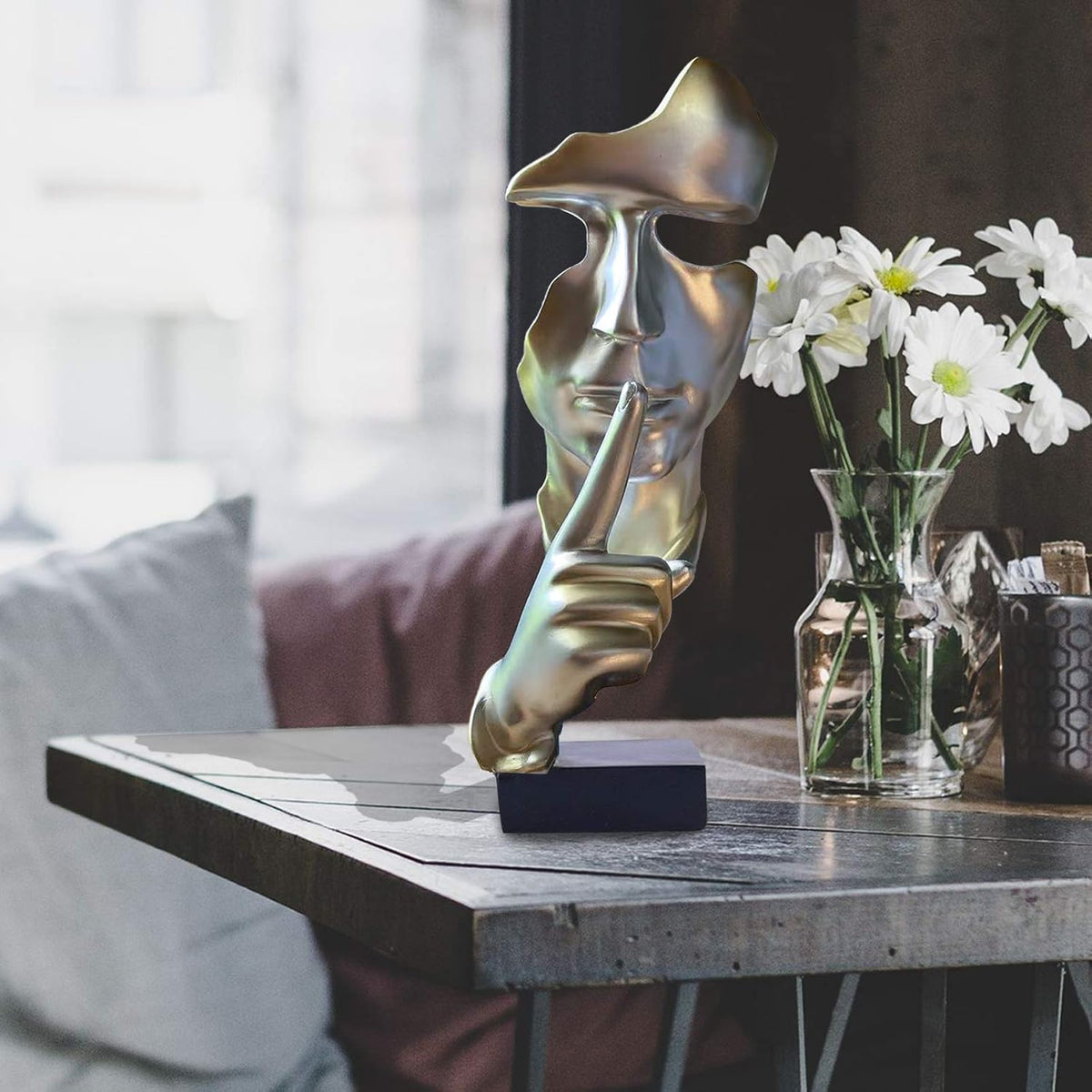 aboxoo Abstract Statues Silence is Gold Decorative Objects,Modern and Simple Resin Figurine,Desk