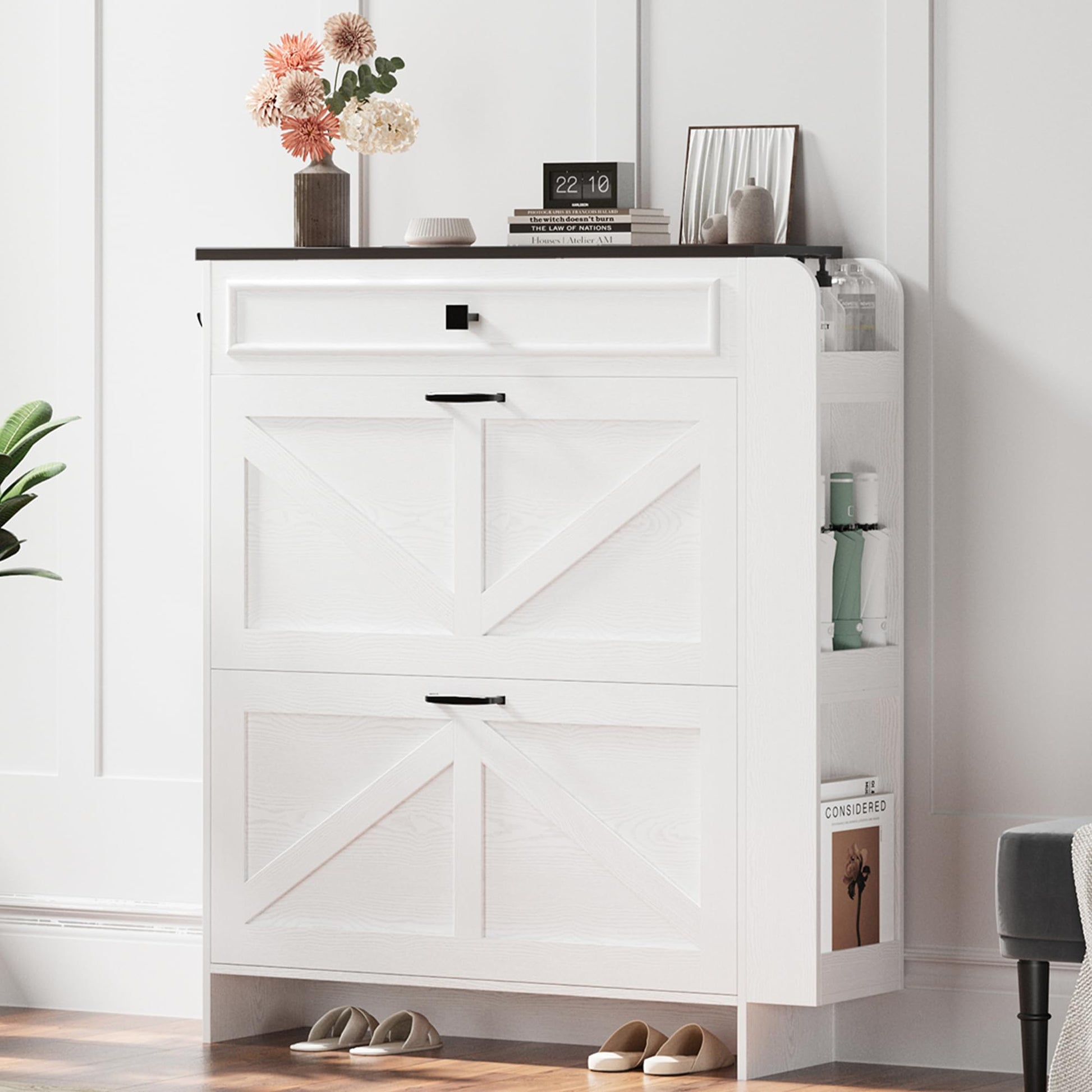 IRONCK Shoe Storage Cabinet with 2 Flip Drawers & Barn Door, White/Black