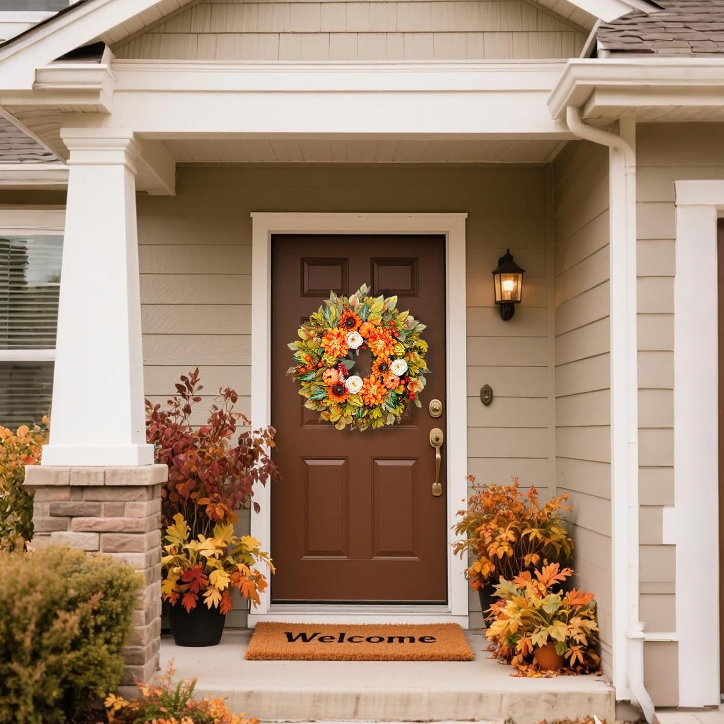 Fall Wreath for Front Door, 24 Inch Autumn Wreath with Pumpkins, Peony, Sunflowers & Dahlias, Fall