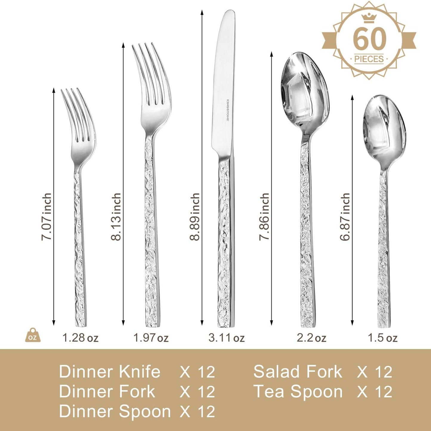 KINGSTONE 60 Pcs Hammered Silverware Set for 12, 18/10 Stainless Steel Heavy Duty Flatware Set