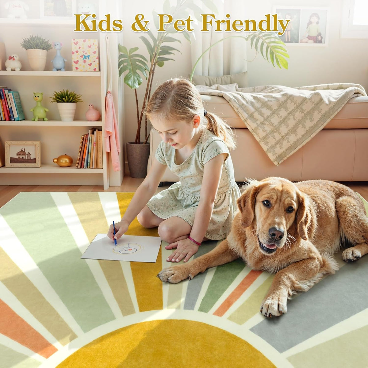 STARUIA Sun 8x10 Washable Area Rugs for Living Room, Non-Slip Backing Large Boho Rainbow Nursery