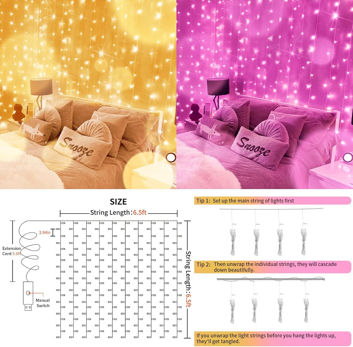 suddus Color Changing Curtain Lights, 200 Led 6.5ft x 6.5ft Hanging String Lights Outdoor, Fairy