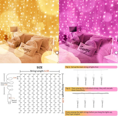 suddus Color Changing Curtain Lights, 200 Led 6.5ft x 6.5ft Hanging String Lights Outdoor, Fairy