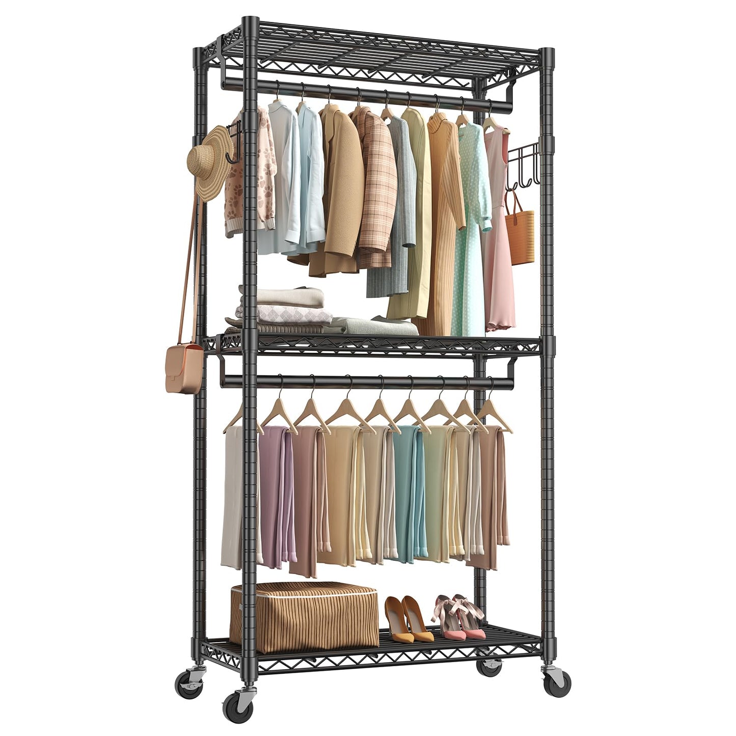 OLIXIS Rolling Clothes Rack, Heavy Duty Garment Rack, 35 IN, Metal Black