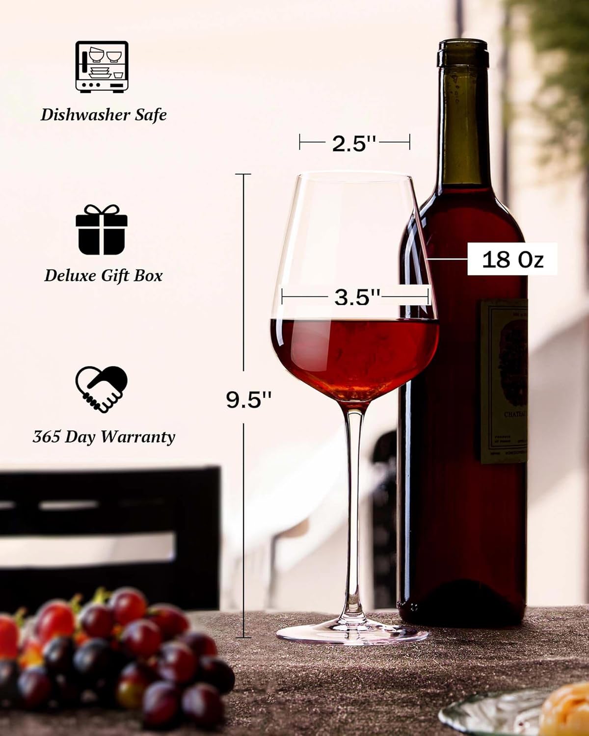 JBHO Hand Blown Bordeaux Wine Glasses - Set of 6-18 Ounce - Great Gift Packaging - Red Wine Glasses
