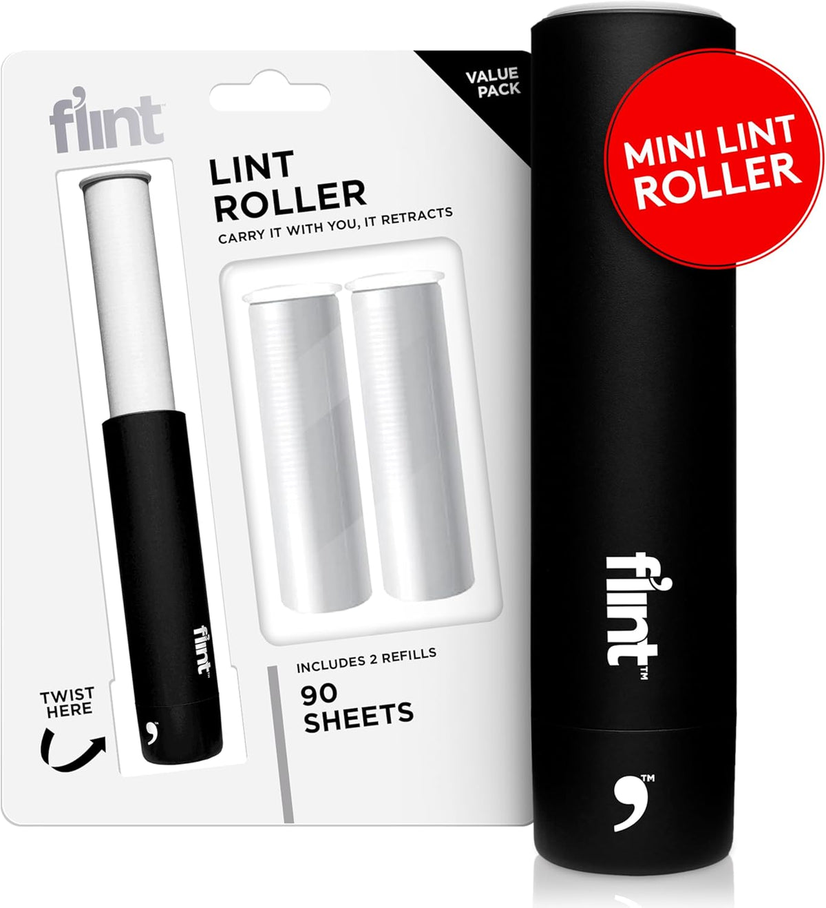 Flint Classic Black Retractable Mini Lint Roller with 90 Extra Sticky Sheets, Small and Portable