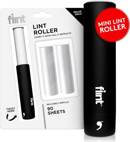 Flint Classic Black Retractable Mini Lint Roller with 90 Extra Sticky Sheets, Small and Portable