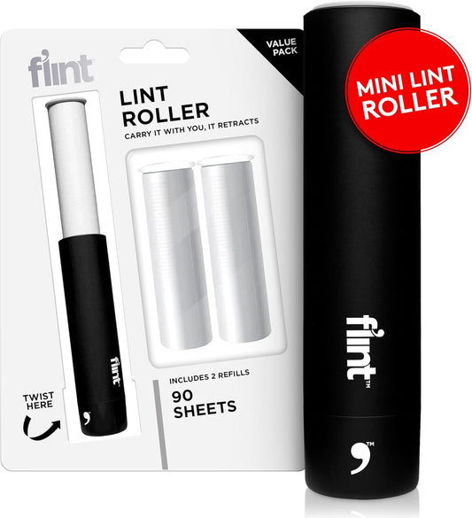 Flint Classic Black Retractable Mini Lint Roller with 90 Extra Sticky Sheets, Small and Portable