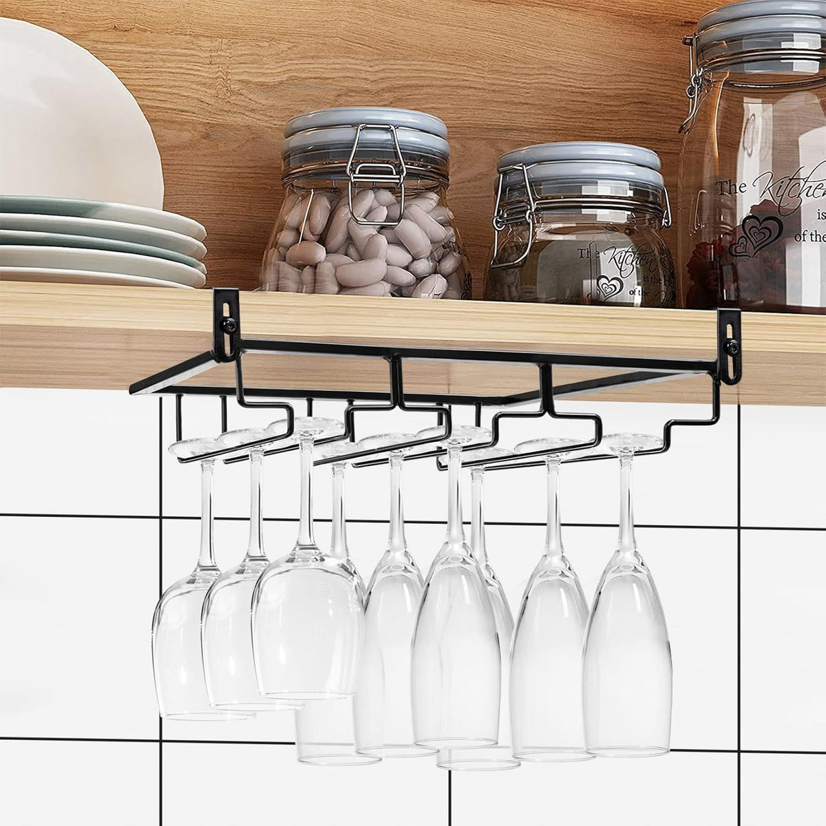 AUHOKY 2Pcs Adjustable Wine Glass Rack Under Cabinet, Punch-Free 3 Rows Stemware Metal Holder