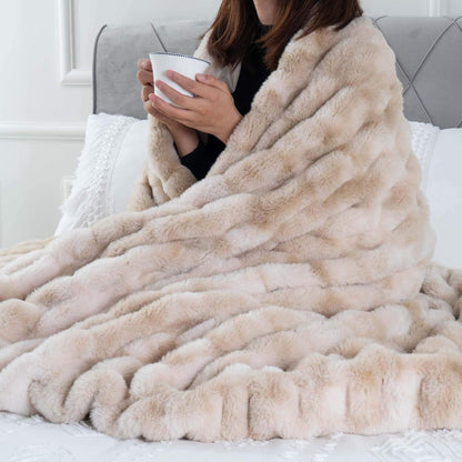 BATTILO HOME Ruched Luxurious Soft Beige Faux Fur Throw Blanket Fuzzy Plush Elegant with Reversible