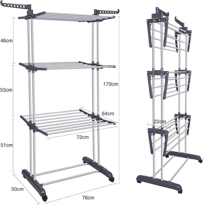 Bigzzia Clothes Drying Rack Folding Drying Rack Clothing 4 Tier Clothes Horses Rack Stainless Steel