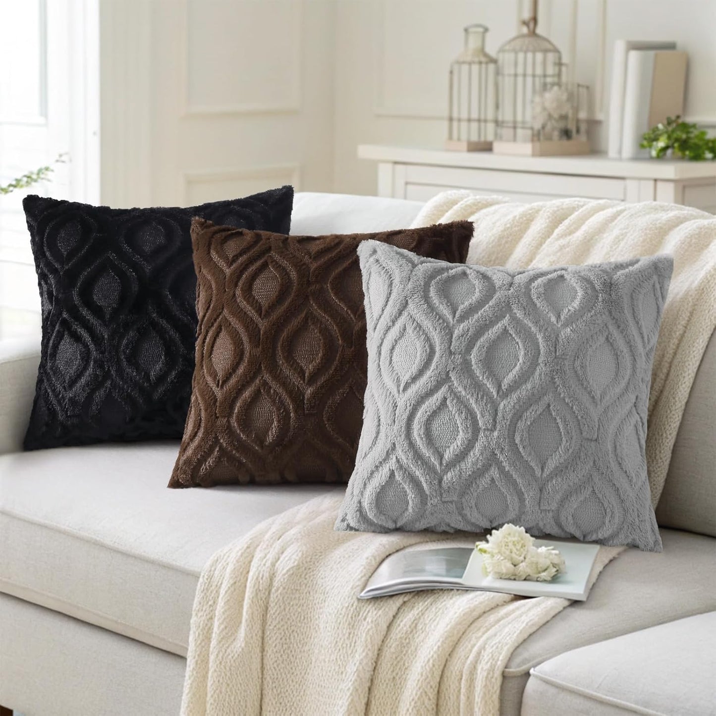 decorUhome Fall Throw Pillow Covers 20x20 Inch Set of 2, Soft Plush Decorative Faux Fur Grey Solid