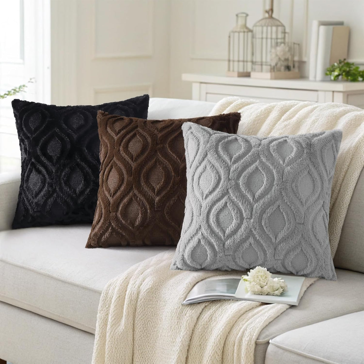 decorUhome Fall Throw Pillow Covers 18x18 Inch Set of 2, Soft Plush Decorative Faux Fur Black Solid