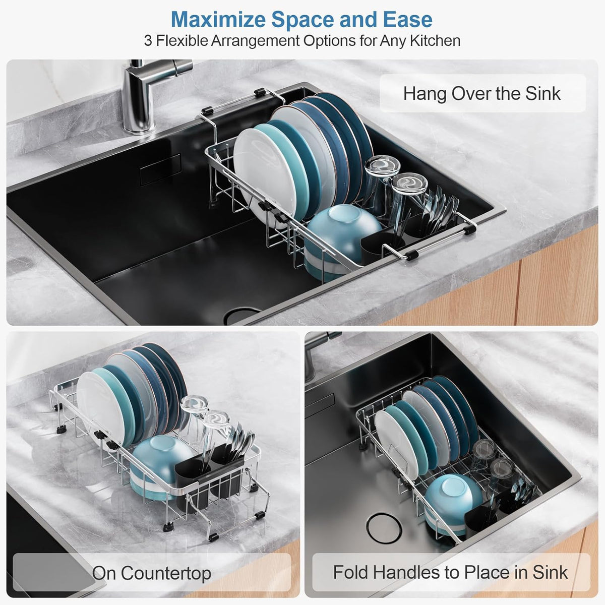GSlife Expandable in Sink Small Dish Drying Rack - Stainless Steel Capacity Adjustable Over The