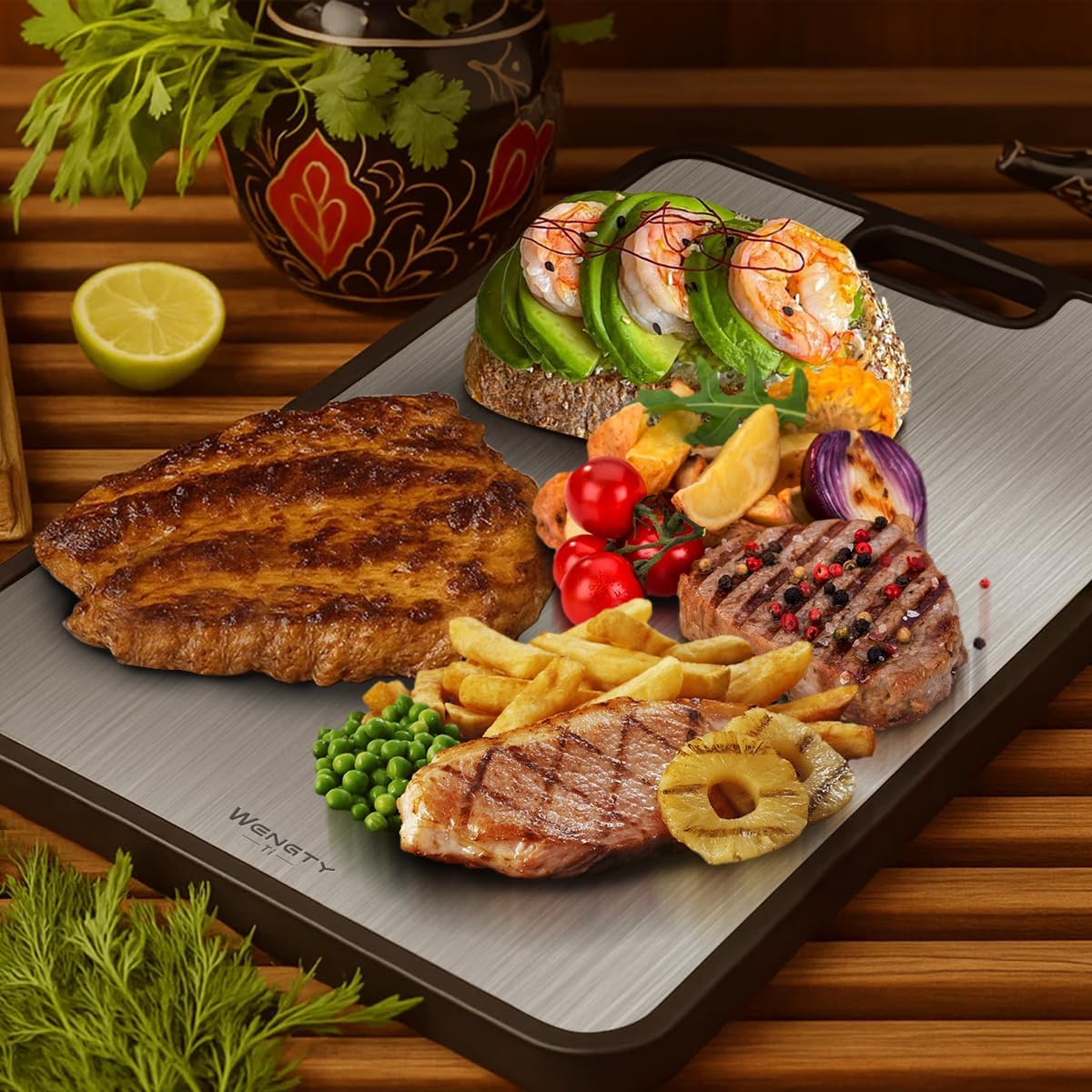 Titanium Cutting Boards for Kitchen, Double Sided Food-Grade Pure Titanium&Wheat Straw PP