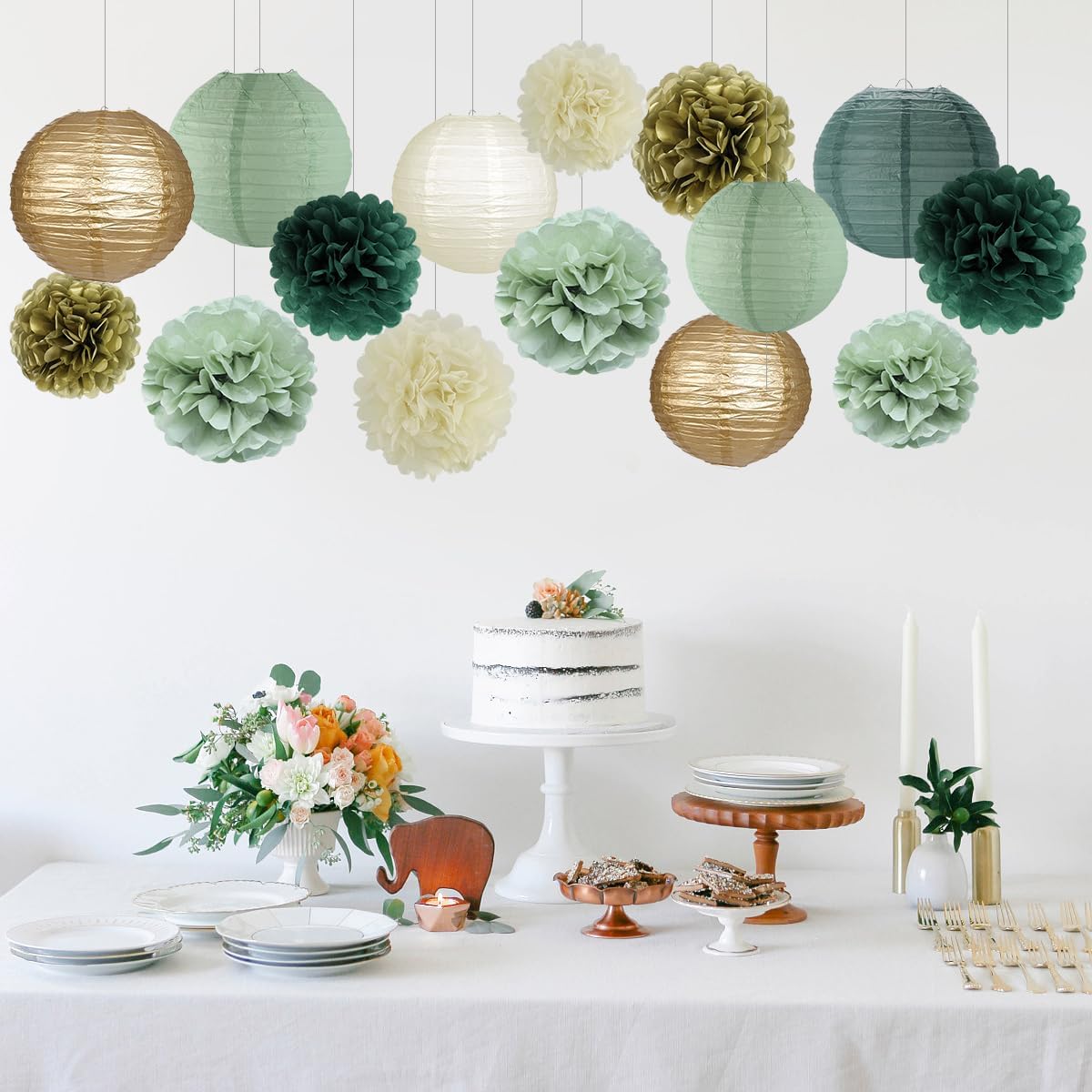 zilue Sage Green Party Decorations, Sage Green Paper Lanterns and Pom Poms Flowers for Birthday