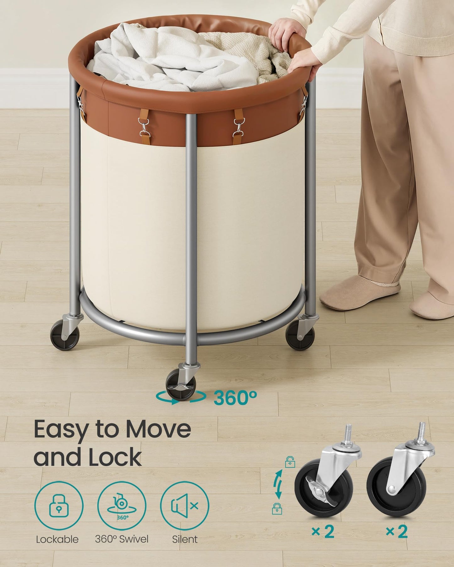 SONGMICS Laundry Basket, Rolling Steel Frame with 2 Locking Wheels, 190 L