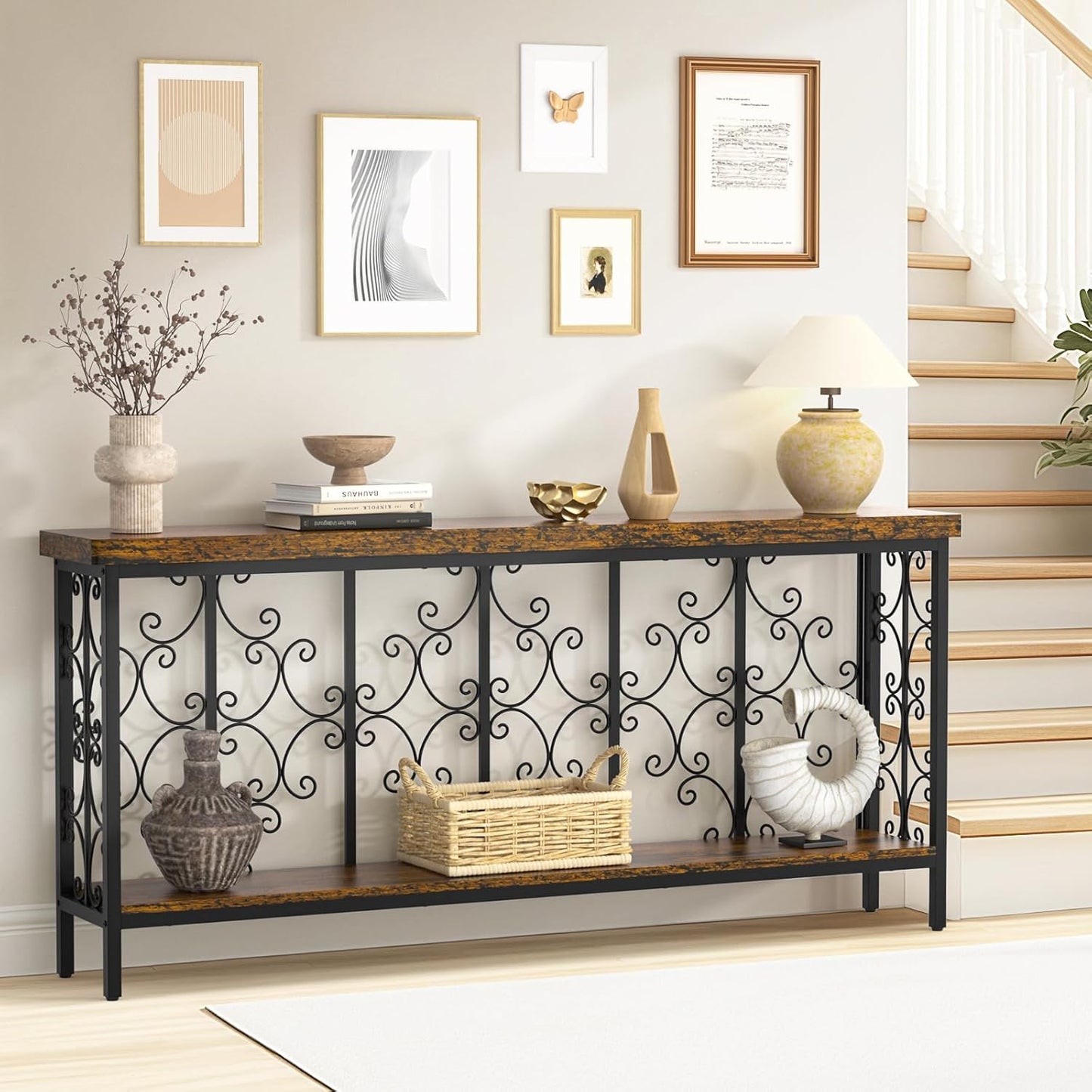ikkle 70.9" Extra Long Console Table, Industrial Narrow Sofa Table Behind Couch with 2 Tier Storage
