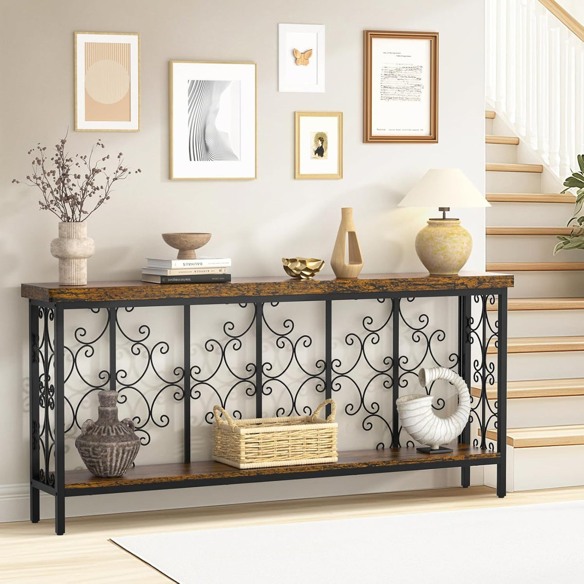 ikkle 70.9" Extra Long Console Table, Industrial Narrow Sofa Table Behind Couch with 2 Tier Storage