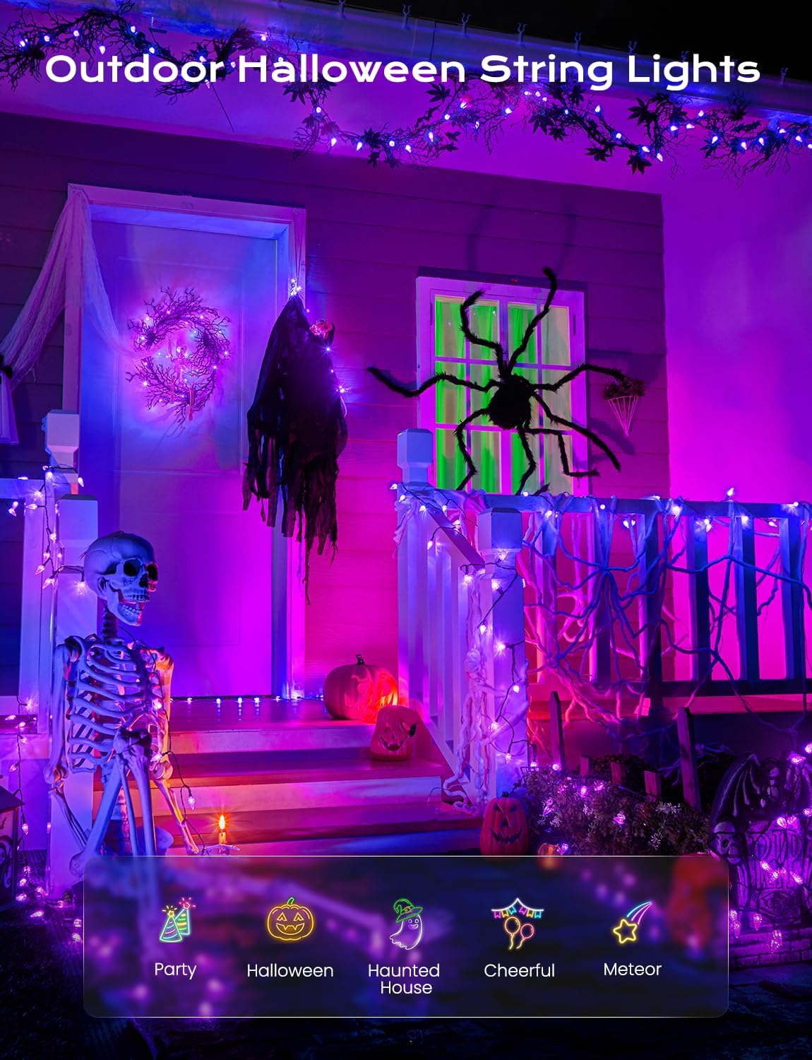 Brightown Solar Operated C6 Halloween Outdoor Lights, 22.64ft 50 LEDs Purple Halloween Lights