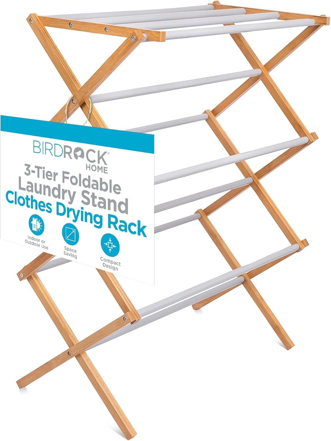 BirdRock Home Wooden Clothes Drying Rack | 3-Tier Foldable Bamboo Laundry Stand | Water-Resistant