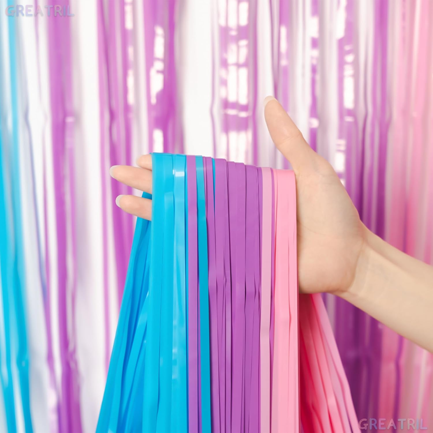 Blue Purple Pink Tinsel Backdrop - GREATRIL Pastel Foil Fringe Curtain Streamers for Pony Theme