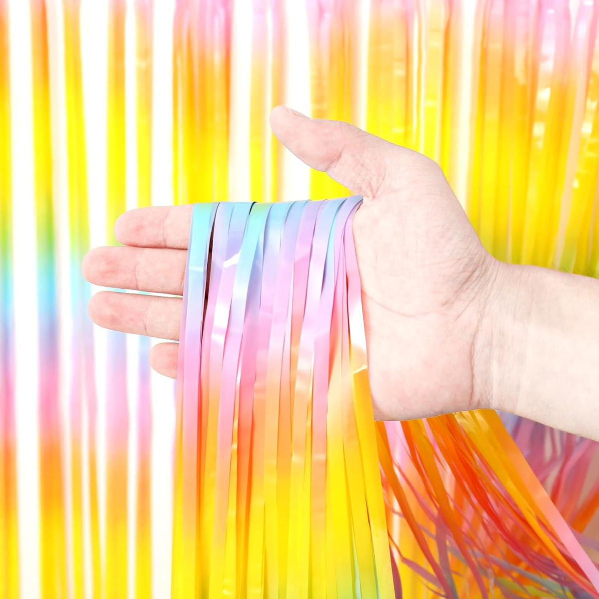 3 Pack 3.3 x 8.2 ft Pastel Rainbow Foil Fringe Backdrop Curtains, Tinsel Streamers Birthday Party
