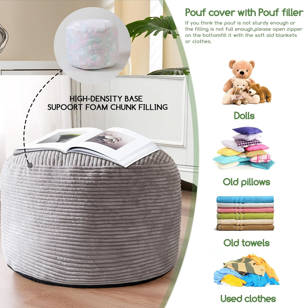 HIGOGOGO Round Stuffed Pouf Ottoman, Corduroy Poufs with Foam Chunk Filling, Furry and Fluffy Pouf