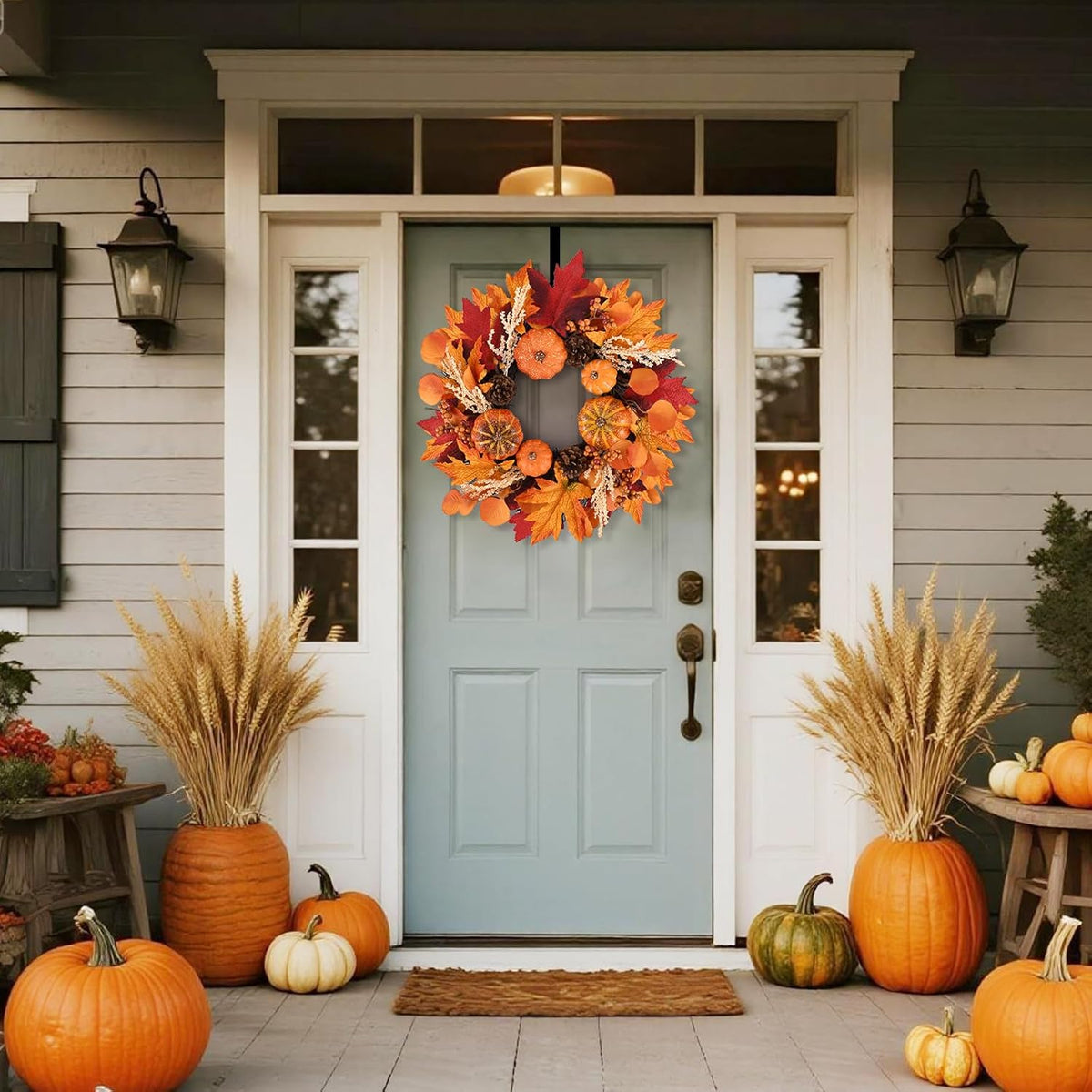 20 Inch Thanksgiving Fall Wreath, Berries Pumpkins Maple Leaves Pine Cones Autumn Wreaths with Hook