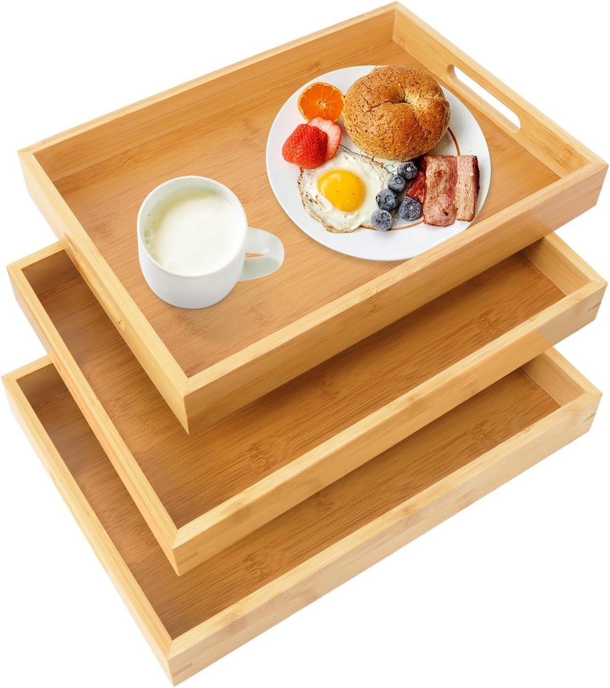 3 Pack Large Bamboo Serving Tray with Handles, 14 x 10 inch Wooden Dinner Tray, Home Kitchen