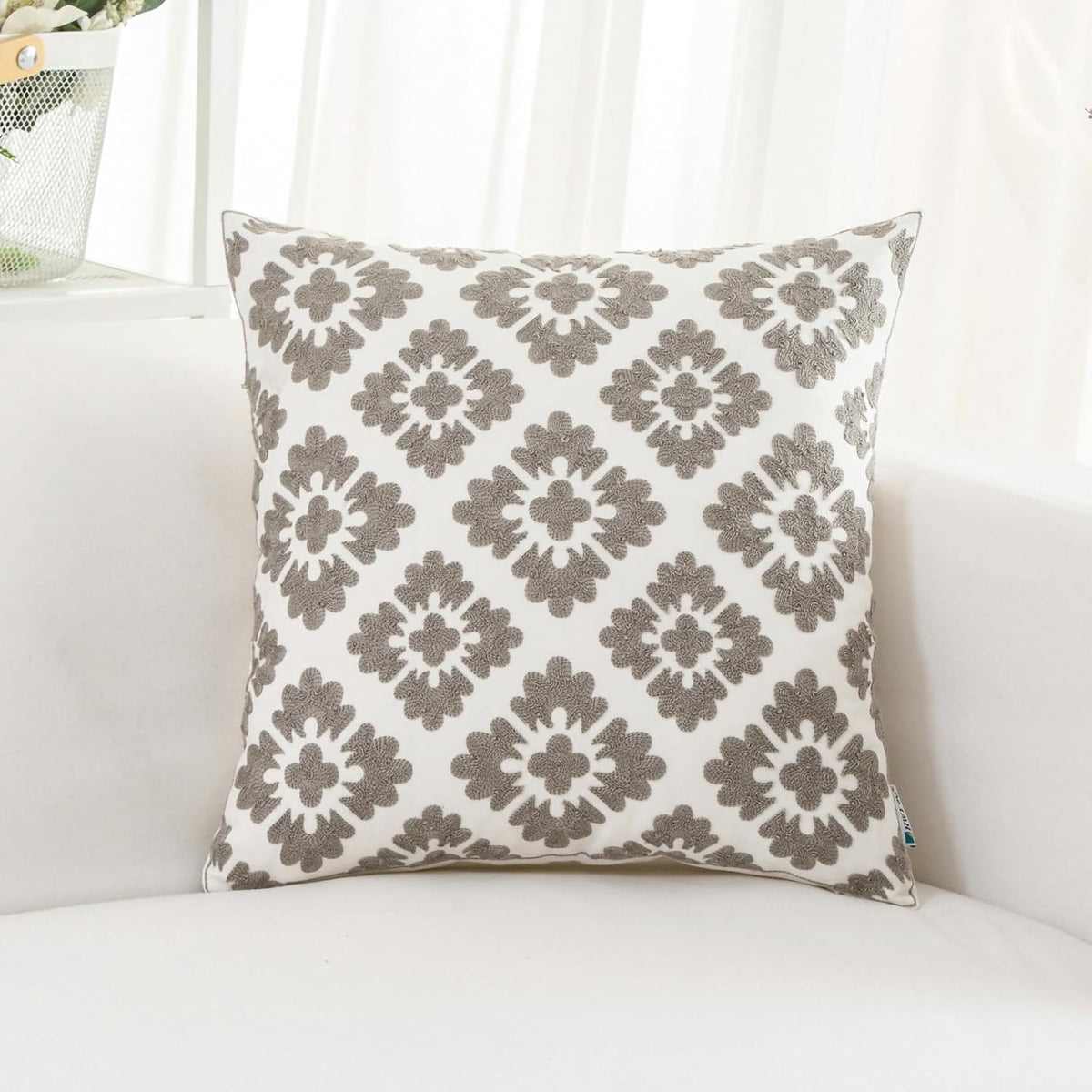 HWY 50 Grey Gray Decorative Throw Pillow Covers 18x18 Inch (1 Piece), Embroidered Cotton Farmhouse