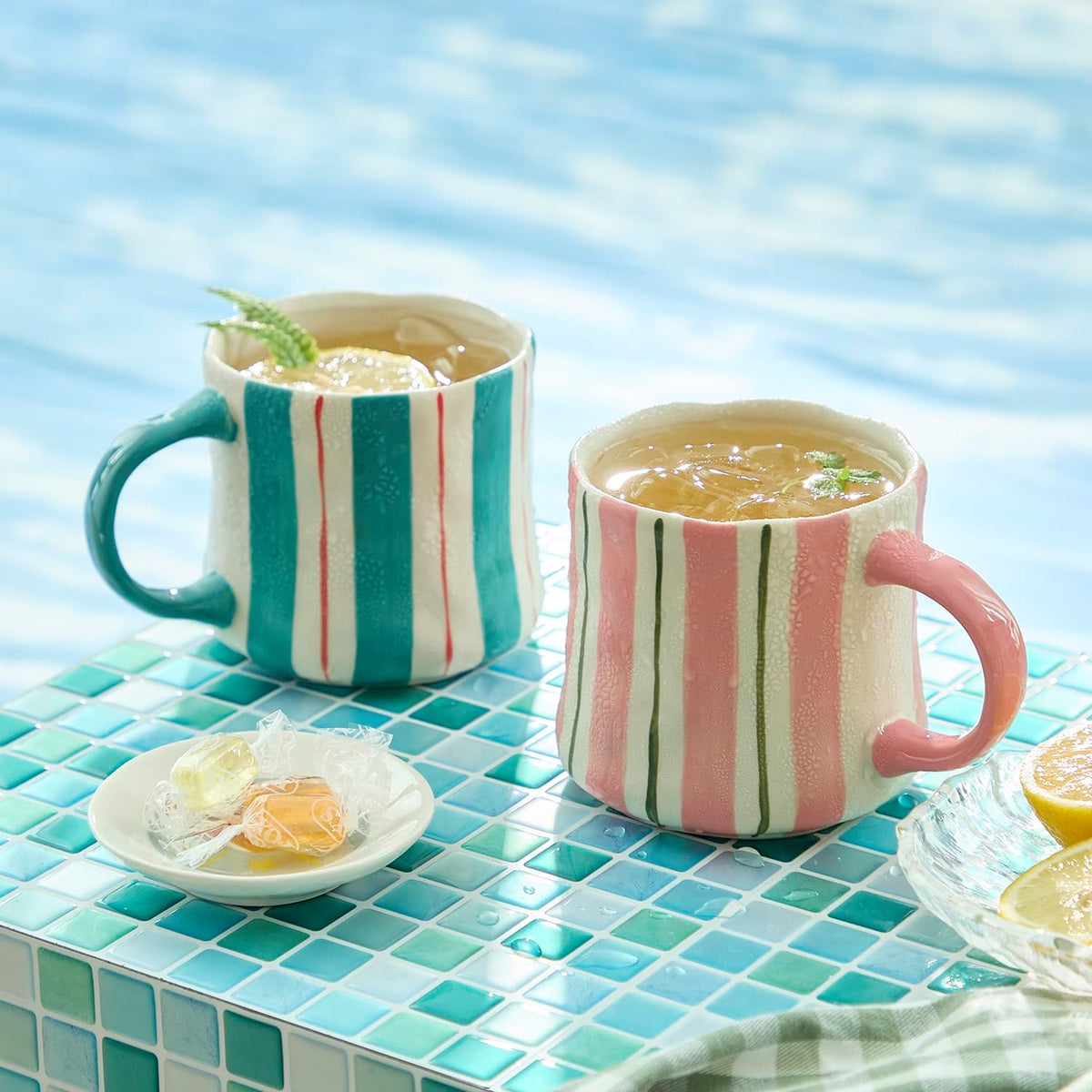 Striped Ceramic Coffee Mugs Set - 2 Pack, Pink & Green，Perfect for Morning Brew or Tea and Cocoa